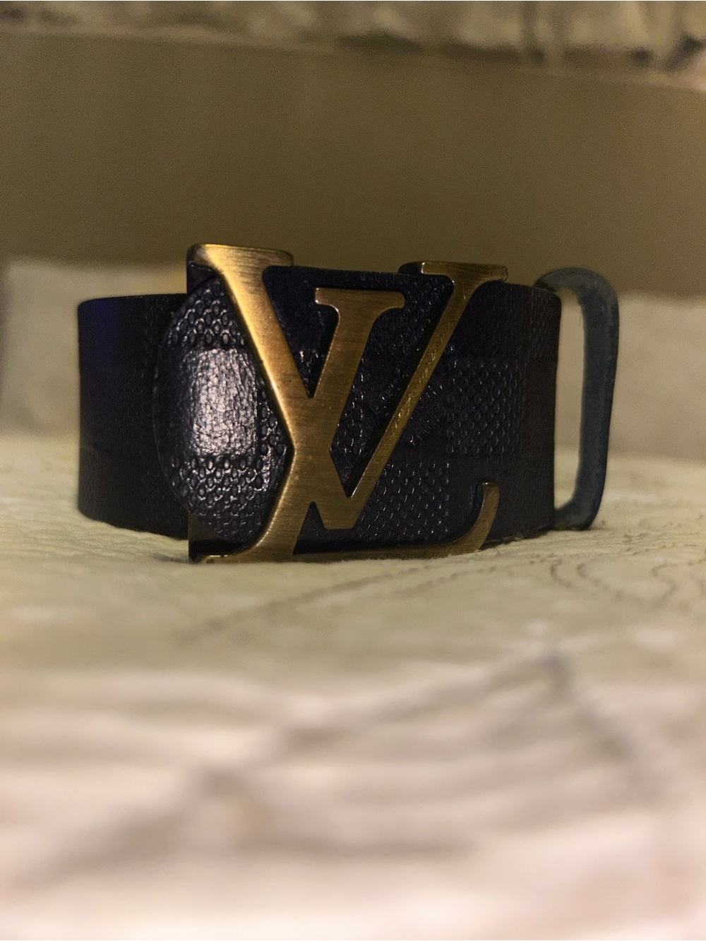 Louis Vuitton Black Leather Belt with Antique Gold LV Buckle